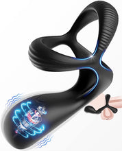 Load image into Gallery viewer, 3 in 1 Silikon Cockring Vibratoren-Anal und Perineum Klitoris Stimulator mit 10 Modi Vibration,Dehnbar Penisringe Erektion Massager,Sexspielzeug für Männer und Paare Extrem Schwarz