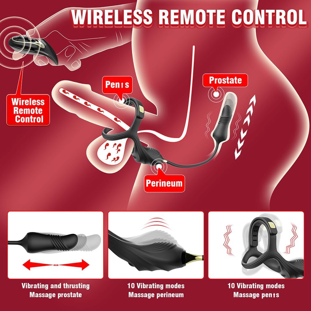Männlicher Prostata Stimulator Massagegeräte mit Penisring Fernbedienung Teleskop Vibrator SM Analvibratoren Butt Plug mit 10 Vibrationsmodi+Schubmodi Analplug Dildo Sex Spielzeug für Männer