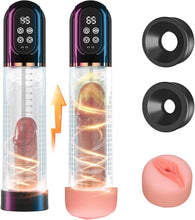 Load image into Gallery viewer, Penispumpe für Penisvergrößerung Sex Spielzeug für die Männer, Elektrische Penis Vakuumpumpe mit Taschenmuschi 4 + 3 Saugstufen, IPX7 100% Wasserdicht Erektion Masturbator mit 2 Silikonhülsen