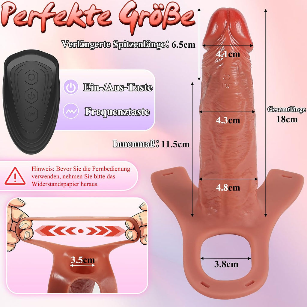 18CM Realistische Penishülle Vibrator Sex Spielzeug für die Männer Paare Penis Sleeve für Verlängerung & Vergrößerung, Penismanschetten mit 10 Vibrationmodi, Fernbedienung, Befestigungsgurten